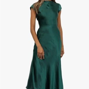 Dark green Satin backless twist cap sleeves midi dress